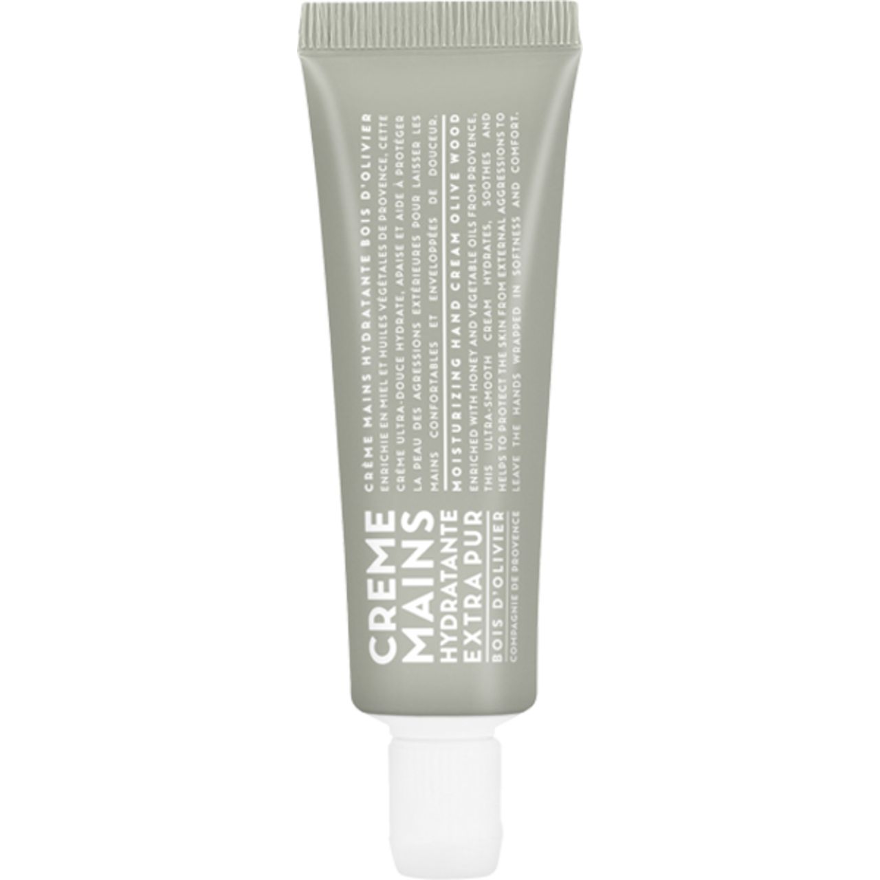 Graue Tube Handcreme, "Crème Mains Hydratante Extra Pur". Text auf Französisch und Englisch. Weißer Verschluss.