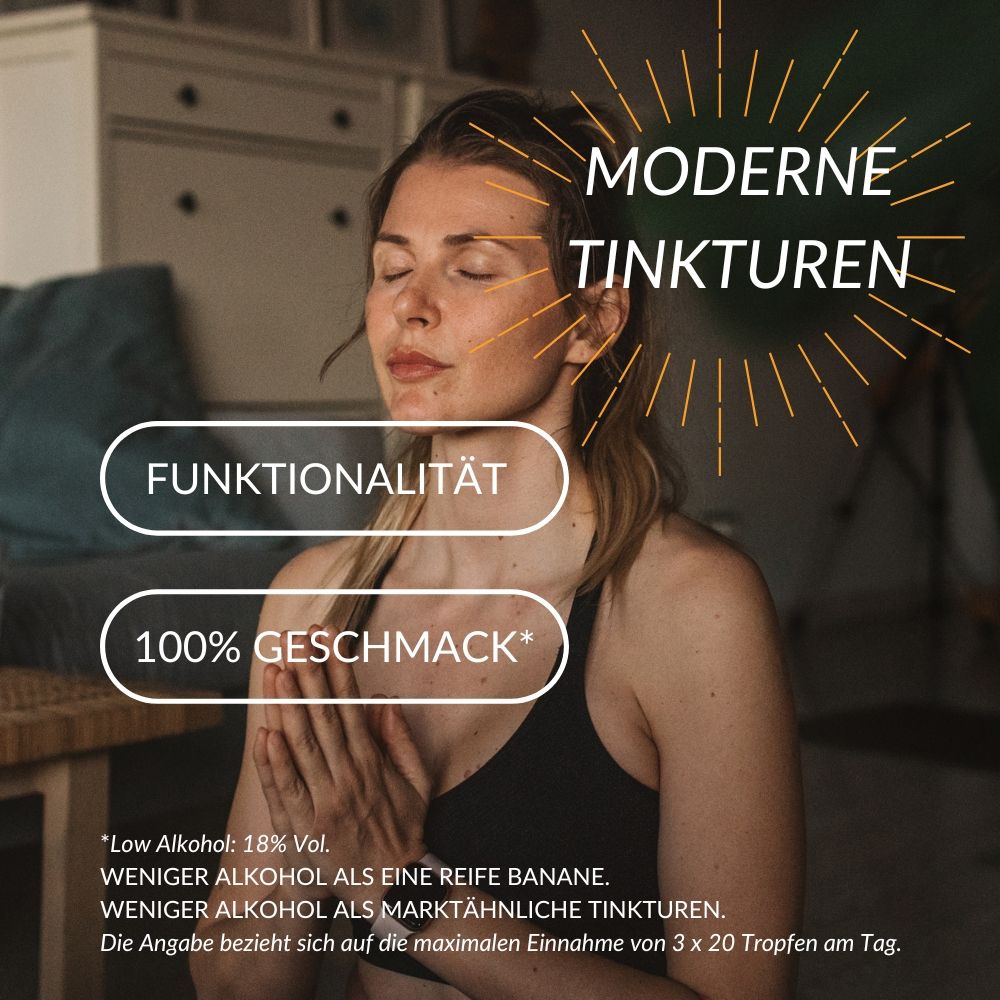 Frau in Yoga-Pose. Text: MODERNE TINKTUREN, FUNKTIONALITÄT, 100% GESCHMACK. Zusätzlicher Text: 18% Vol. Alkohol.