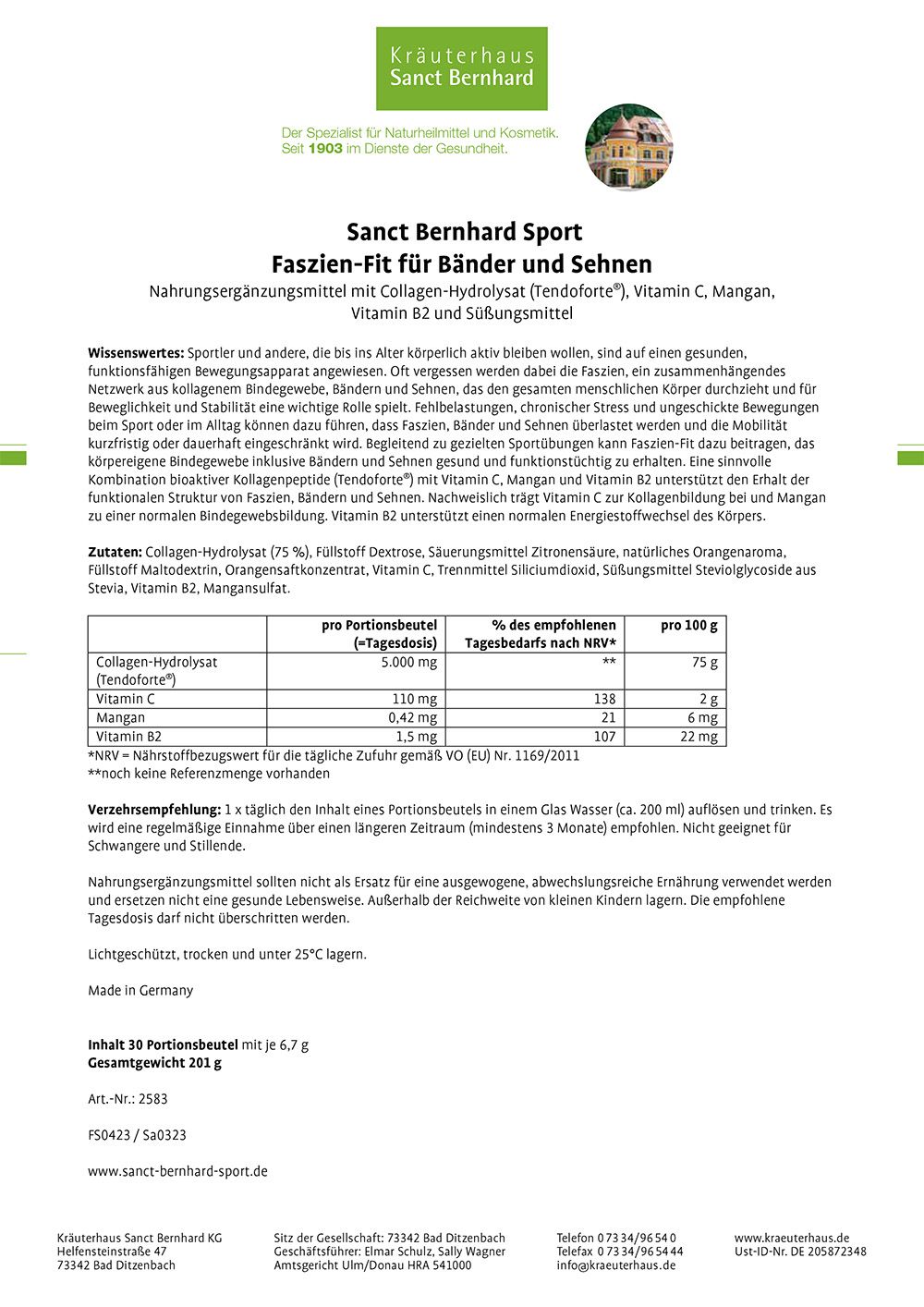 Sanct Bernhard Sport Faszien-Fit für Bänder und Sehnen 201 g Pulver