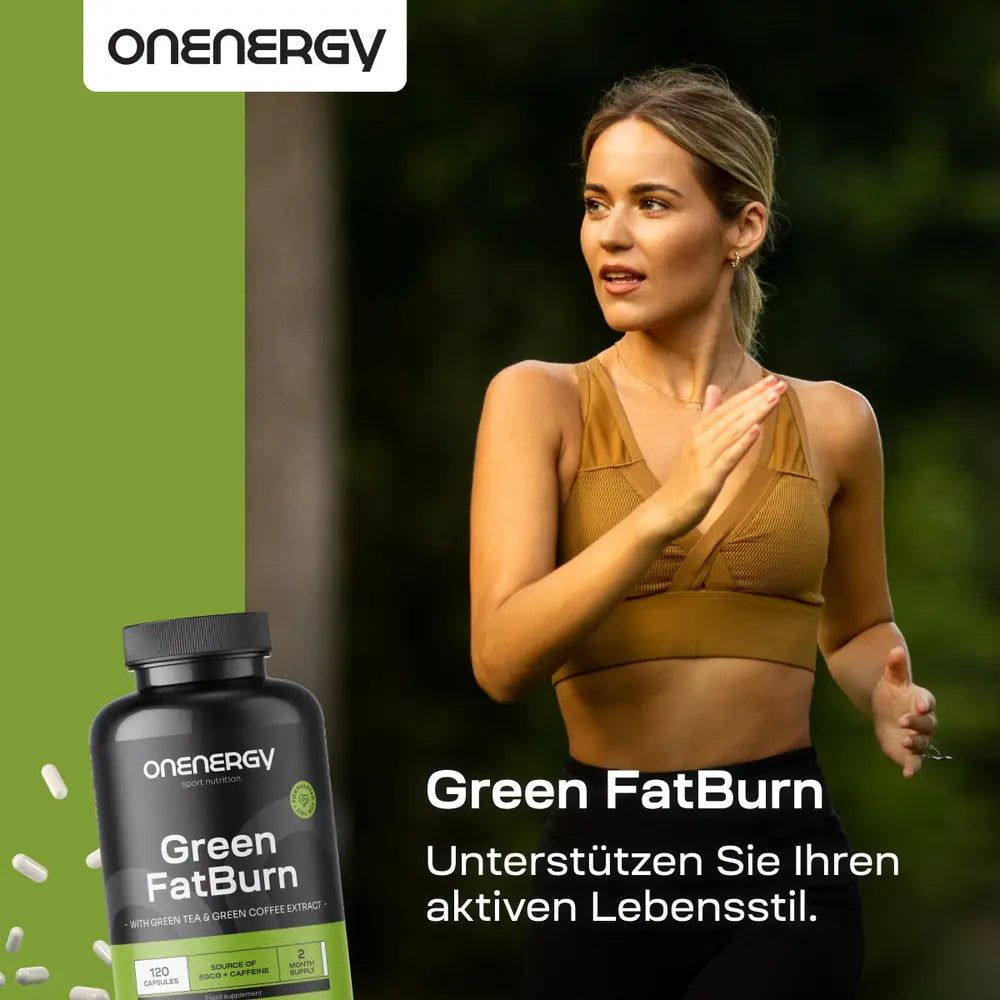 Frau joggt. Flasche "OnEnergy Green FatBurn" mit Kapseln. Grüne und weiße Schrift. Text: "Unterstützen Sie Ihren aktiven Lebensstil".