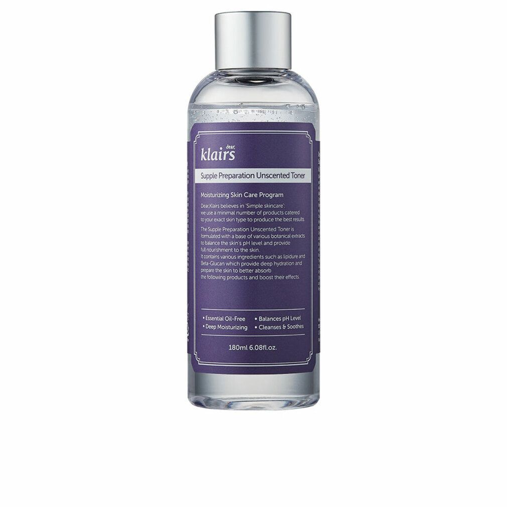 Klare Flasche mit silbernem Deckel. Aufschrift: Dear Klairs Supple Preparation Unscented Toner. Violettes Etikett.