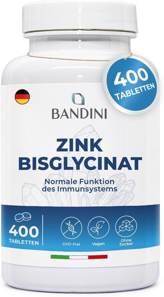 Weiße Flasche Bandini Zink-Bisglycinat Tabletten. 400 Tabletten. Icons: GVO-frei, Vegan, Ohne Zucker. Deutsche Flagge.