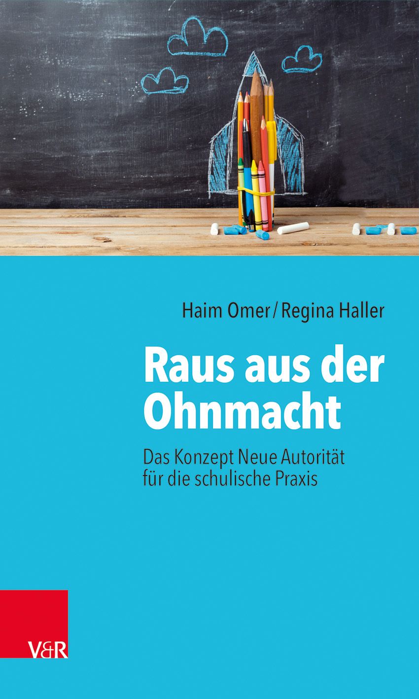 Buchcover mit Titel "Raus aus der Ohnmacht". Autoren: Haim Omer/Regina Haller. Hintergrund: Tafel mit Raketenzeichnung aus Stiften.