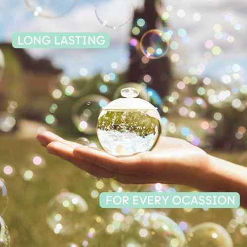 Hand hält einen runden Flakon. Der Flakon ist transparent und von Seifenblasen umgeben. Text: Long Lasting, For Every Ocassion.