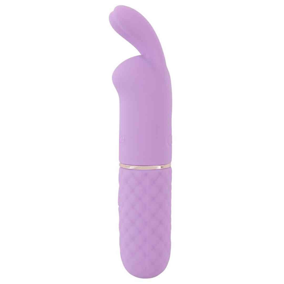 Lila Vibrator, Seitenansicht. Hasenohren-Design, geriffelte Basis, goldfarbener Ring.