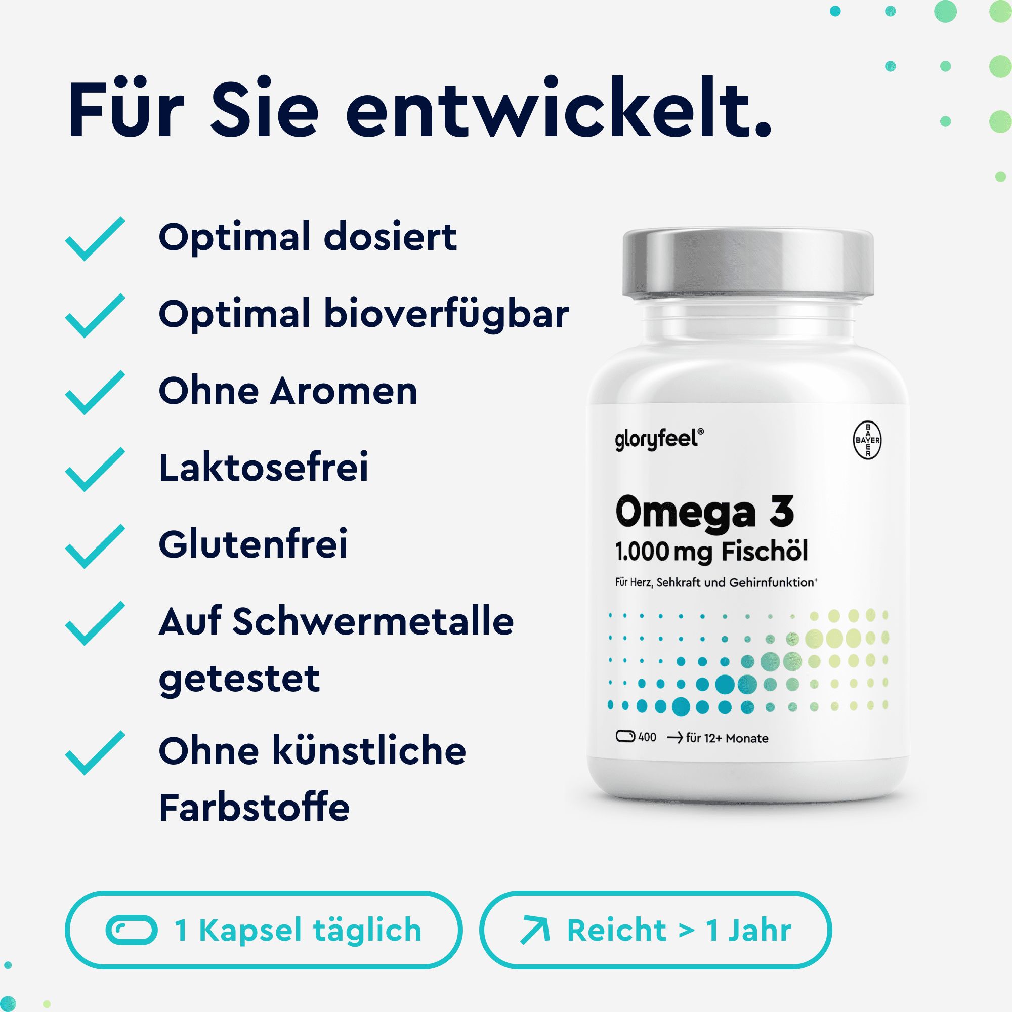 Weiße Flasche mit Kapseln. Text: Optimal dosiert, ohne Aromen, laktosefrei, glutenfrei, ohne Farbstoffe.