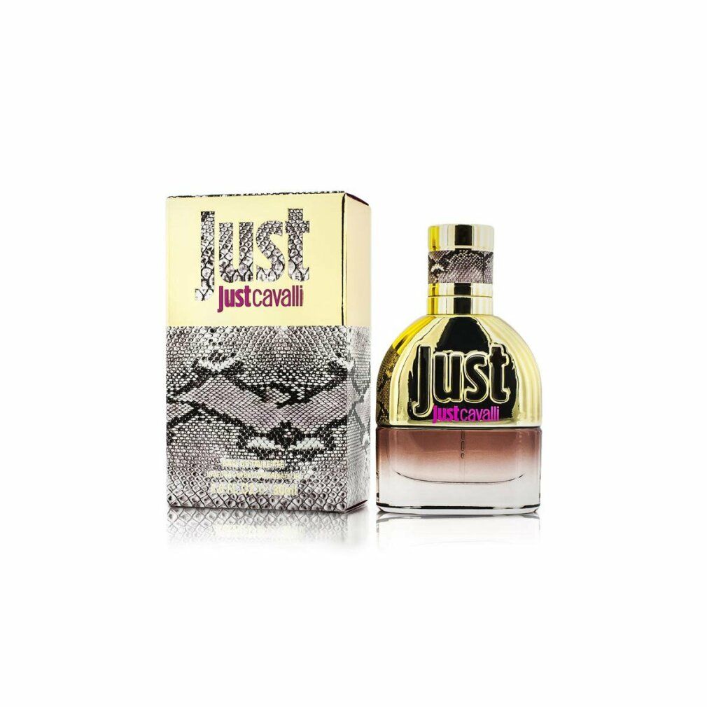 Parfümflakon und Verpackung. Goldfarbene Verpackung mit Schlangenmuster. Aufschrift "Just Cavalli".