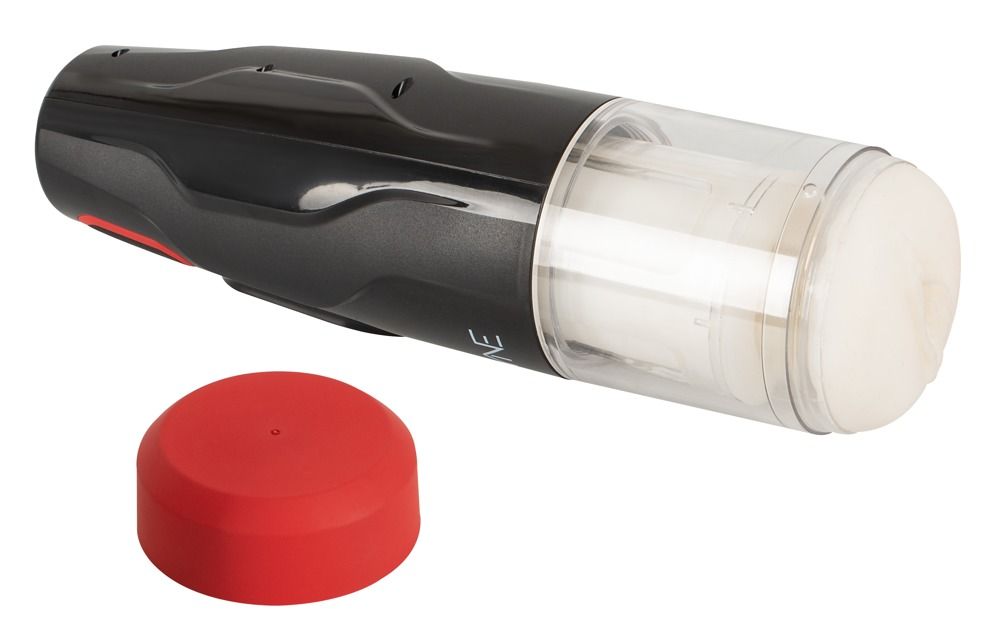 Schwarzes Gerät mit transparentem Zylinder und roter Kappe. Zylinder enthält weißen Einsatz. Gerät mit rotem Akzent.