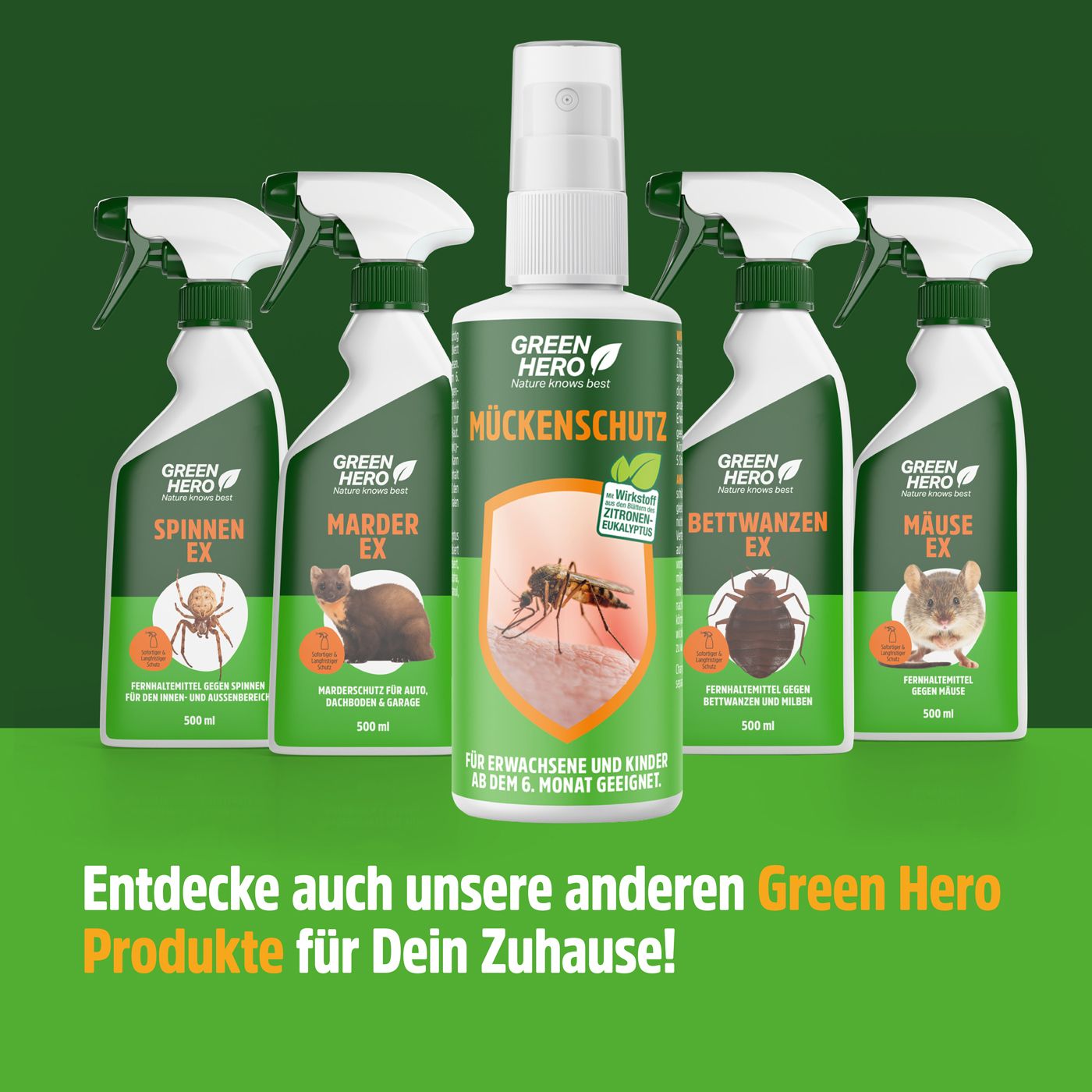 Produktreihe Green Hero. 5 Sprays: Spinnen Ex, Marder Ex, Mückenschutz, Bettwanzen Ex, Mäuse Ex. Text: Entdecke auch unsere anderen Green Hero Produkte für Dein Zuhause!