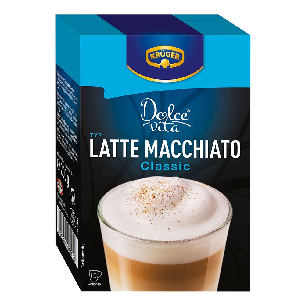 Produktverpackung Latte Macchiato Classic. Krüger Dolce Vita. Blaue Box mit Produktabbildung.