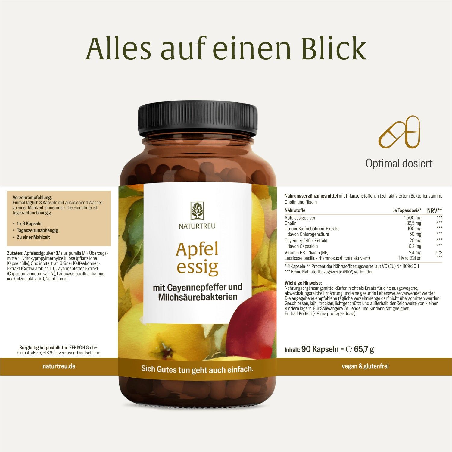 Naturtreu Apfelessig Kapseln: 90 Kapseln, vegan & glutenfrei. Mit Nährwertangaben.