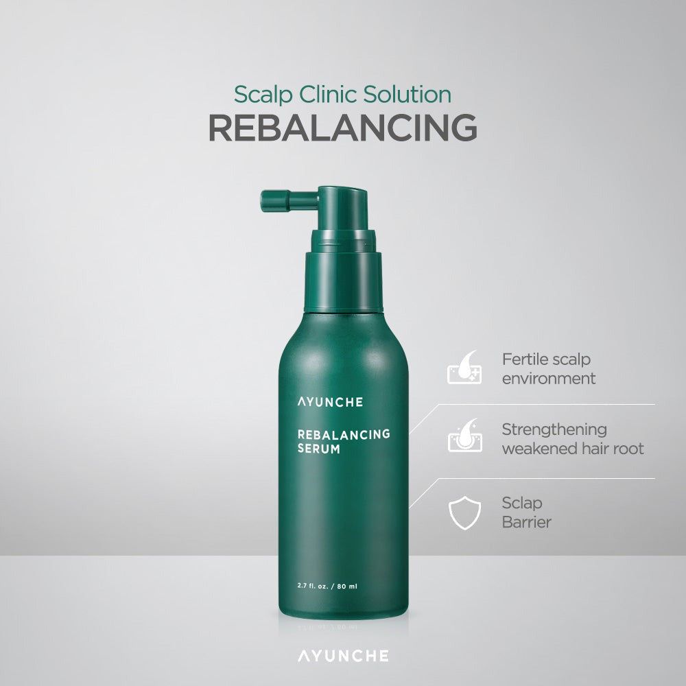 Ayunche Rebalancing Serum Flasche mit Informationen zu Kopfhautpflege.