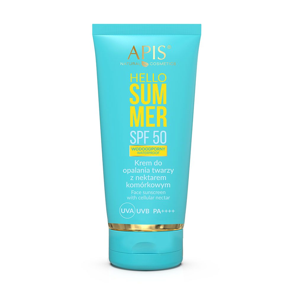 Türkisfarbene Tube mit APIS HELLO SUMMER SPF 50. Text in Gelb und Weiß. Sonnenschutzcreme für das Gesicht.