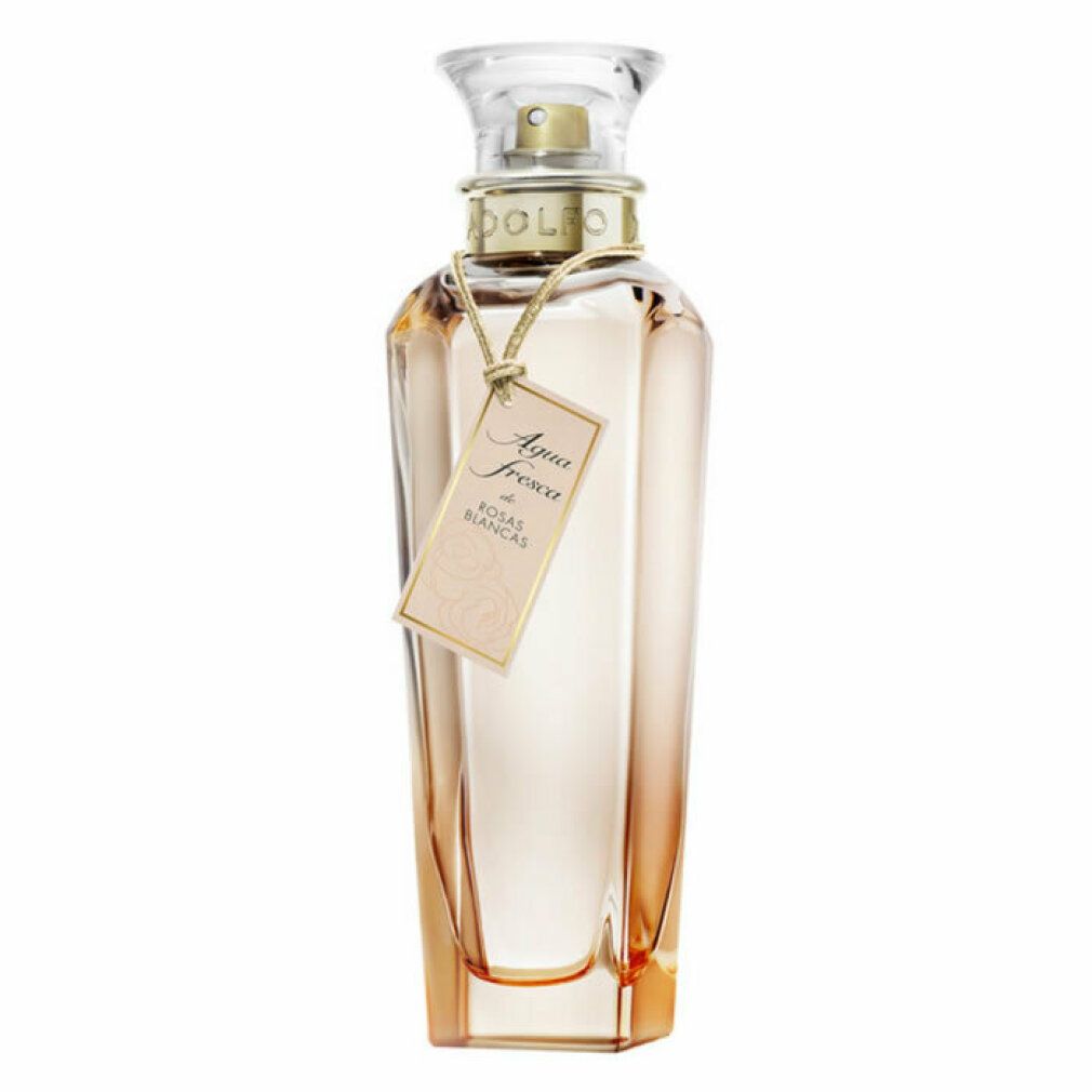 Parfümflasche mit Etikett. Aufschrift Agua fresca de Rosas Blancas. Transparente Flasche mit Farbverlauf und goldfarbenem Verschluss.