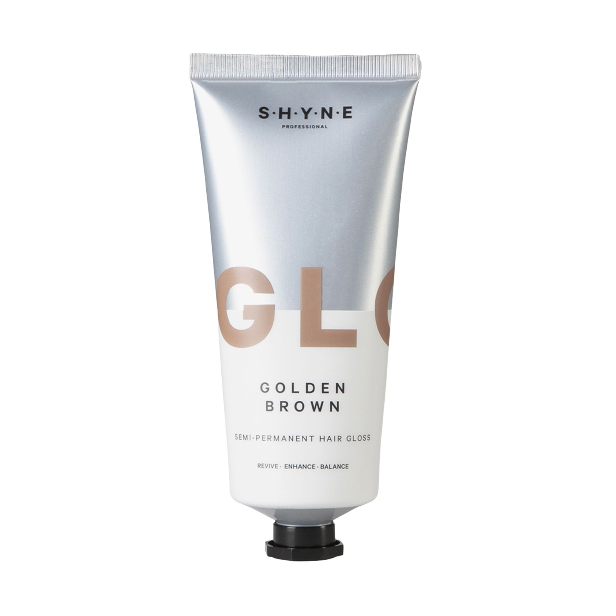 Silberfarbene Tube mit schwarzem Verschluss. Aufschrift: SHYNE, GLOSS, GOLDEN BROWN, Semi-Permanent Hair Gloss.