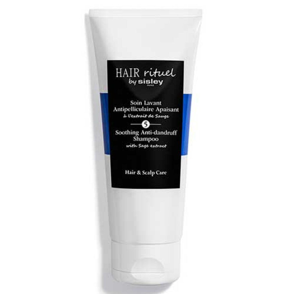 Weiße Tube mit schwarzem und blauem Etikett. Schriftzug: HAIR RITUEL by Sisley, Soin Lavant Antipelliculaire Apaisant, Soothing Anti-dandruff Shampoo.