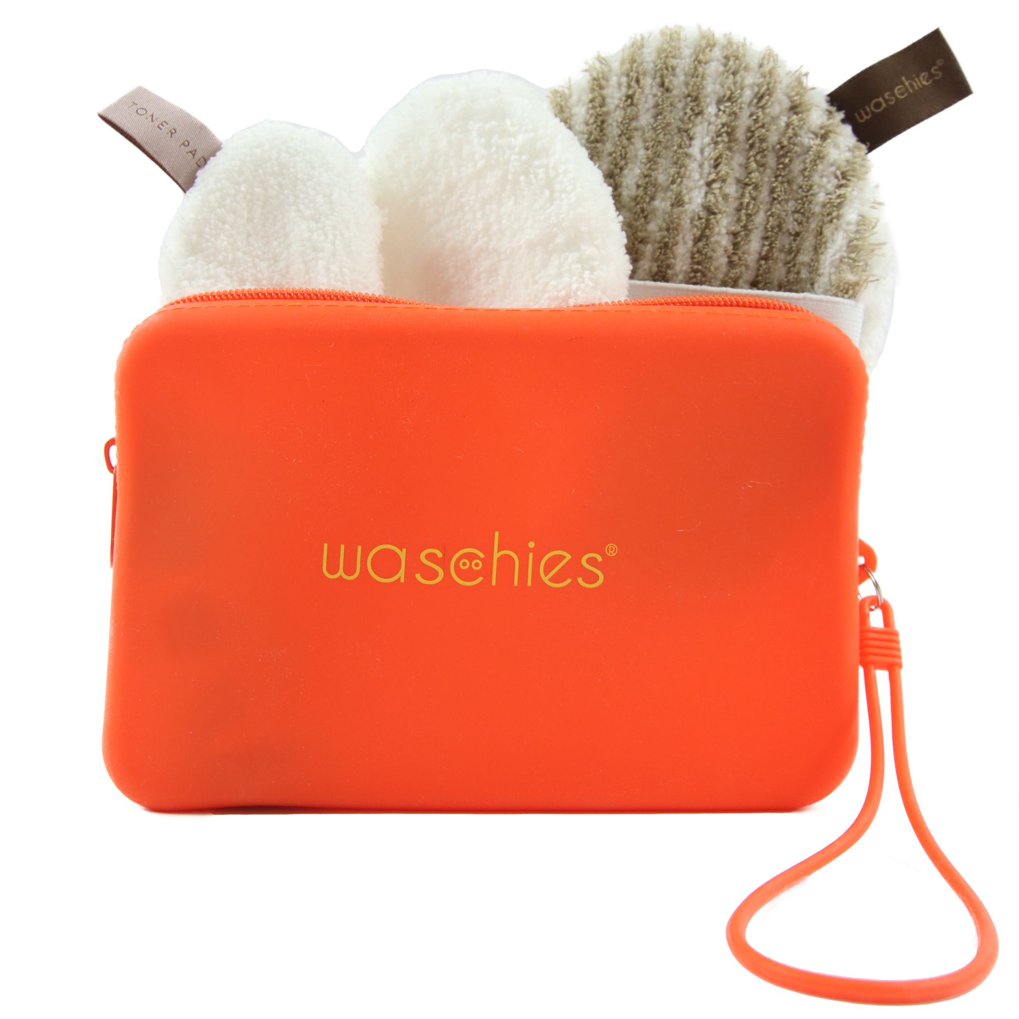 Neon-orangefarbene Tasche mit "waschies"-Schriftzug, geöffnet mit Waschpads.