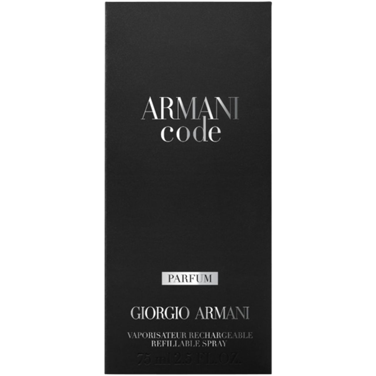 Schwarze Verpackung mit weißer Schrift: Armani Code, Parfum, Giorgio Armani. Nachfüllbarer Zerstäuber.