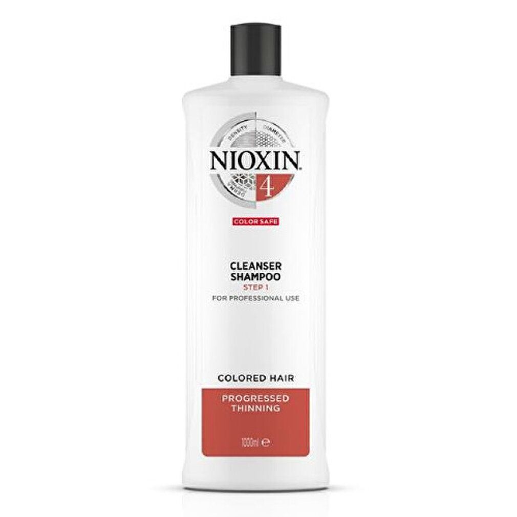Große weiße Shampoo-Flasche mit schwarzem Deckel. Rotes Etikett mit Text: Coloriertes Haar, Fortschreitendes Ausdünnen.