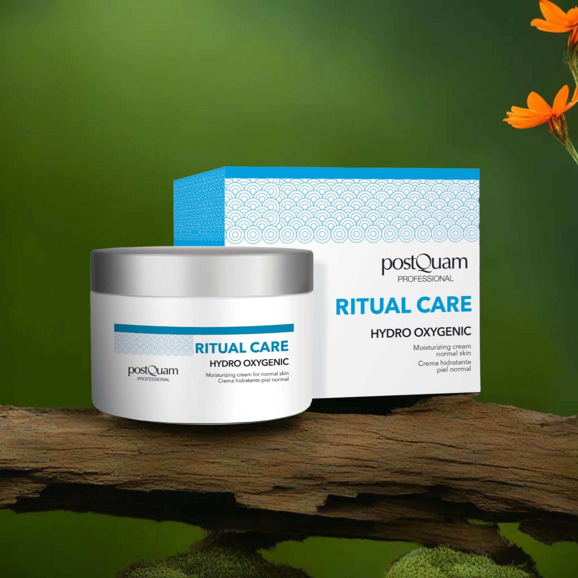 Creme-Tiegel und Schachtel. Aufschrift: Postquam, Ritual Care, Hydro Oxygenic. Für normale Haut. Auf Holzstamm.