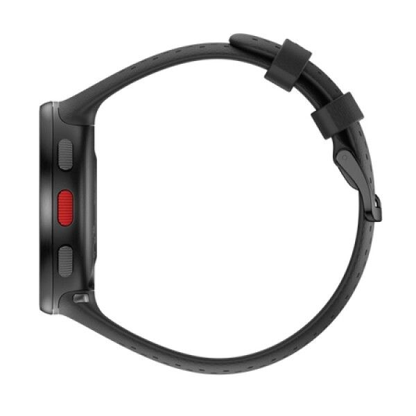 Schwarze Polar Pacer Pro Smartwatch von der Seite. Roter Knopf. Schwarzes Armband mit Schnalle.