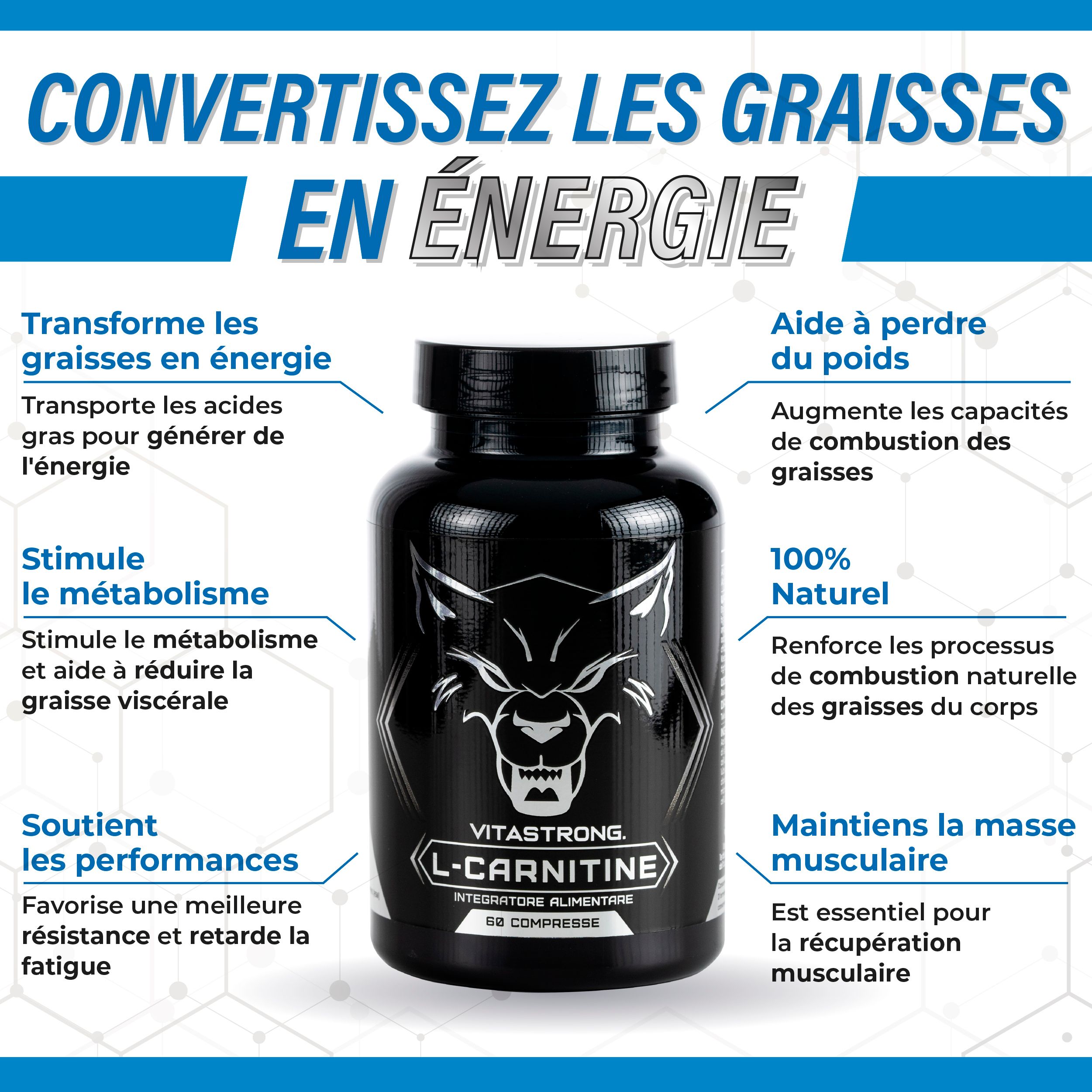 Flacon de Vitastrong L-Carnitine avec 60 comprimés. Texte : Convertissez les graisses en énergie. 100% naturel.