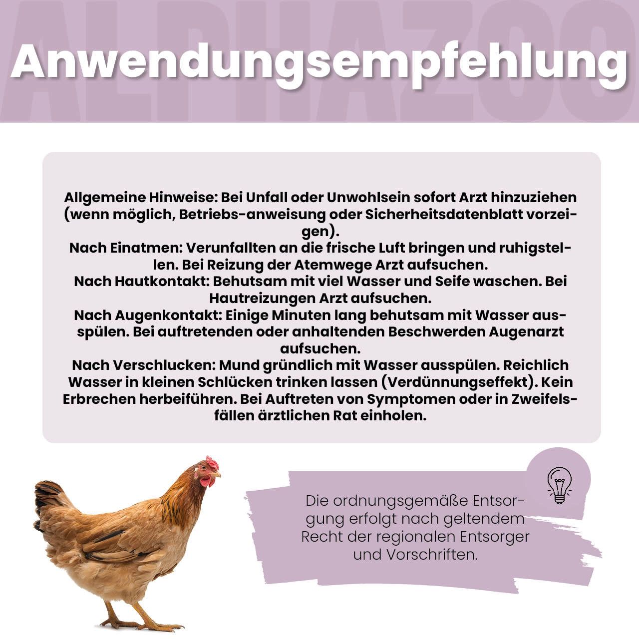 Anwendungsempfehlung. Text: Allgemeine Hinweise. Bei Unfällen Arzt aufsuchen. Ordnungsgemäße Entsorgung.
