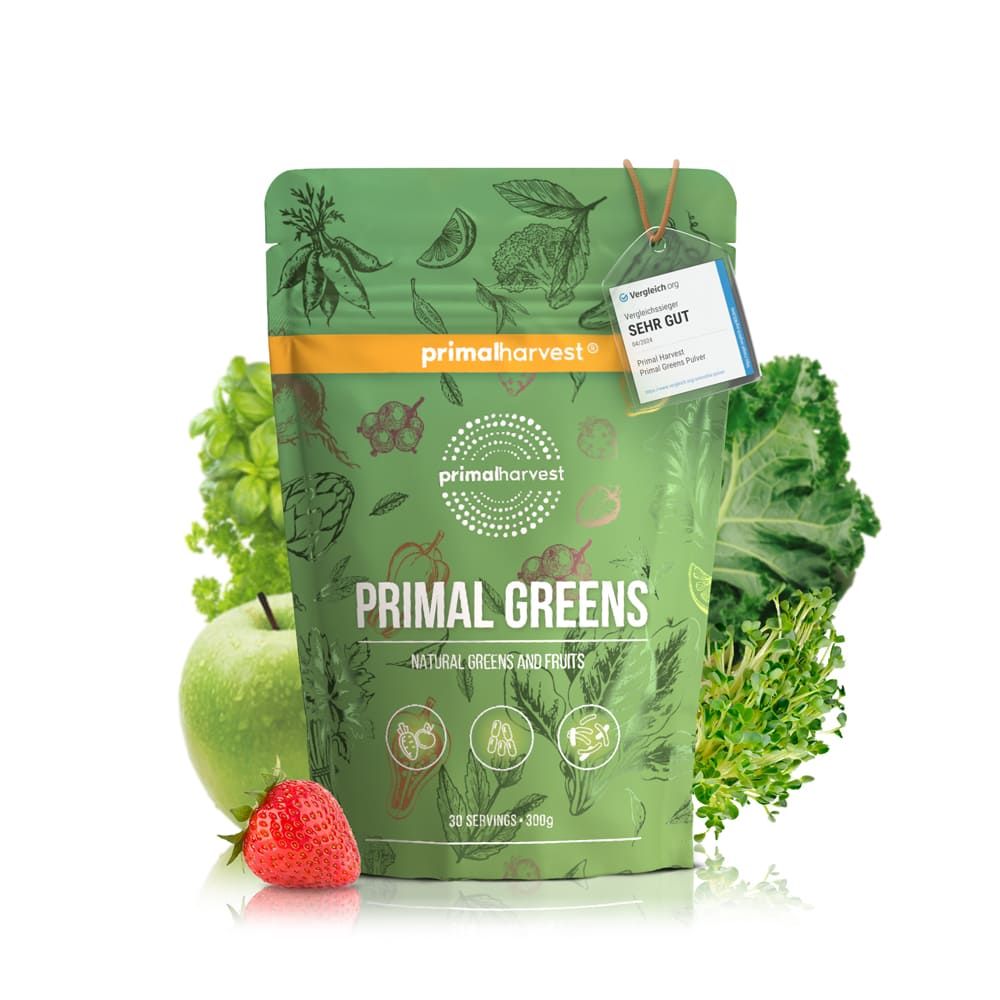Grüne Tüte Primal Greens mit Apfel, Erdbeere und Grünkohl. Anhänger: Sehr Gut.
