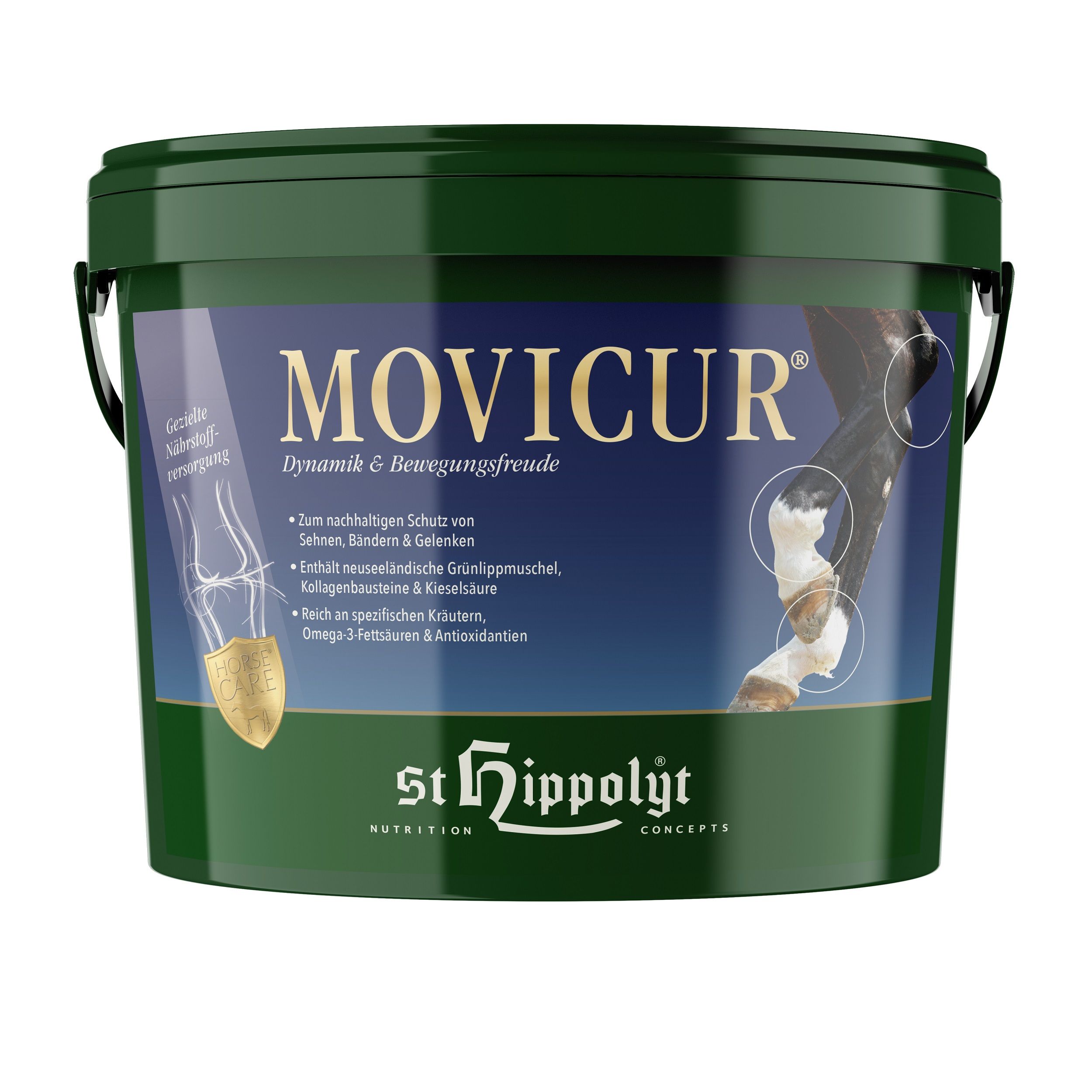 Grüner Eimer mit Aufschrift MOVICUR und St. Hippolyt Logo. Abbildung eines Pferdebeins.