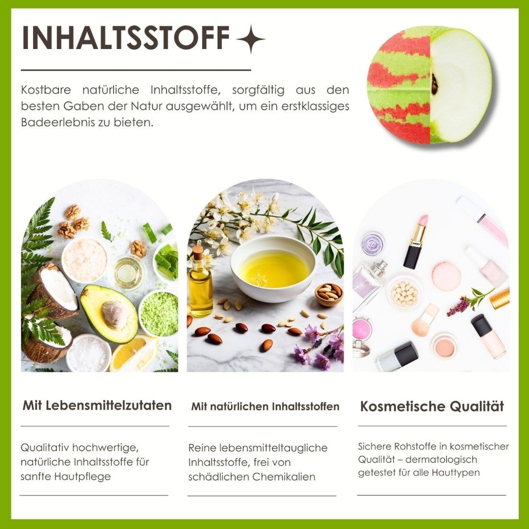 Illustrationen von Inhaltsstoffen. Text: Inhaltsstoff, mit Lebensmittelinhaltsstoffen, Kosmetische Qualität.