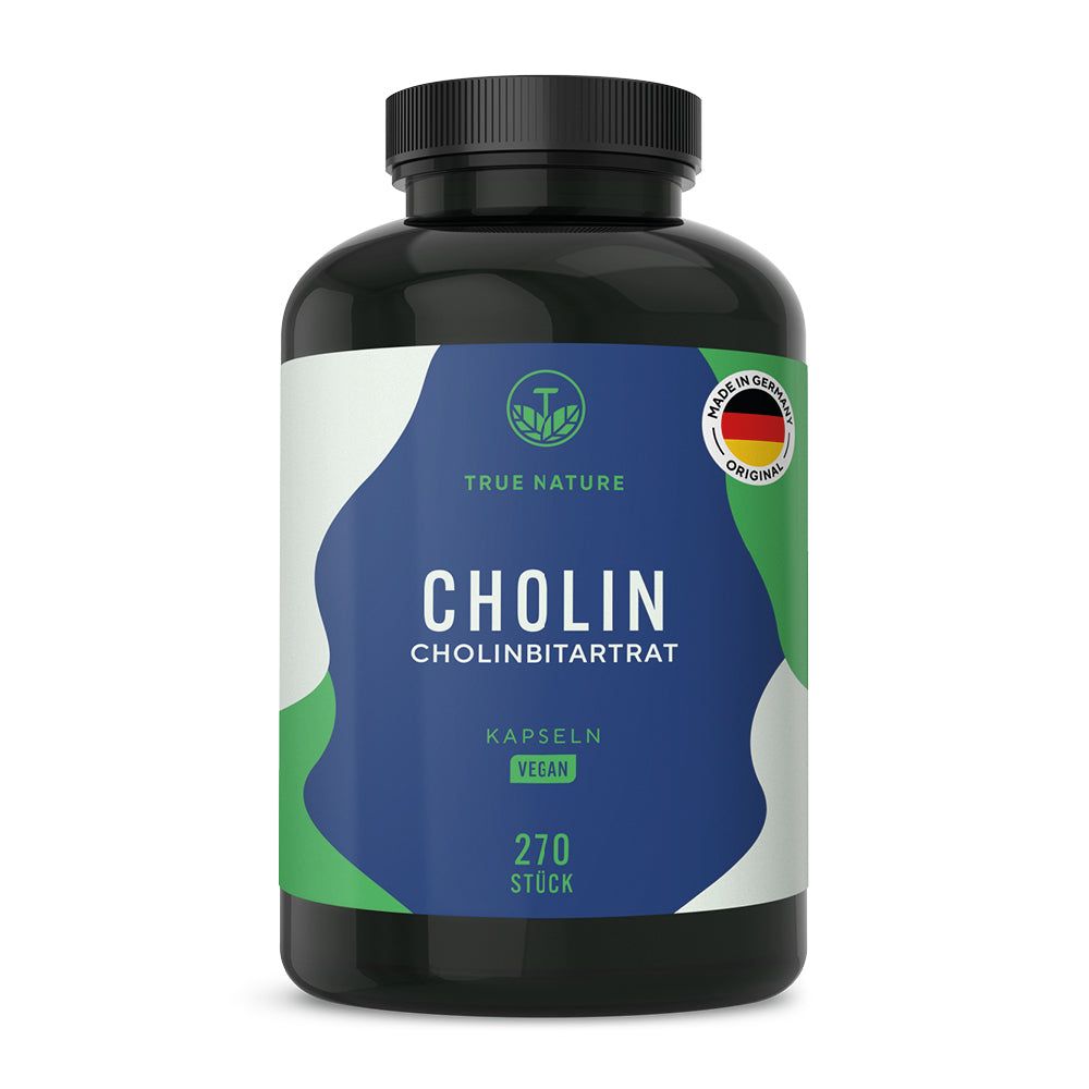 Schwarze Flasche mit blauer und grüner Etikett. Enthält Cholin Kapseln. Vegan. 270 Stück. Hergestellt in Deutschland.