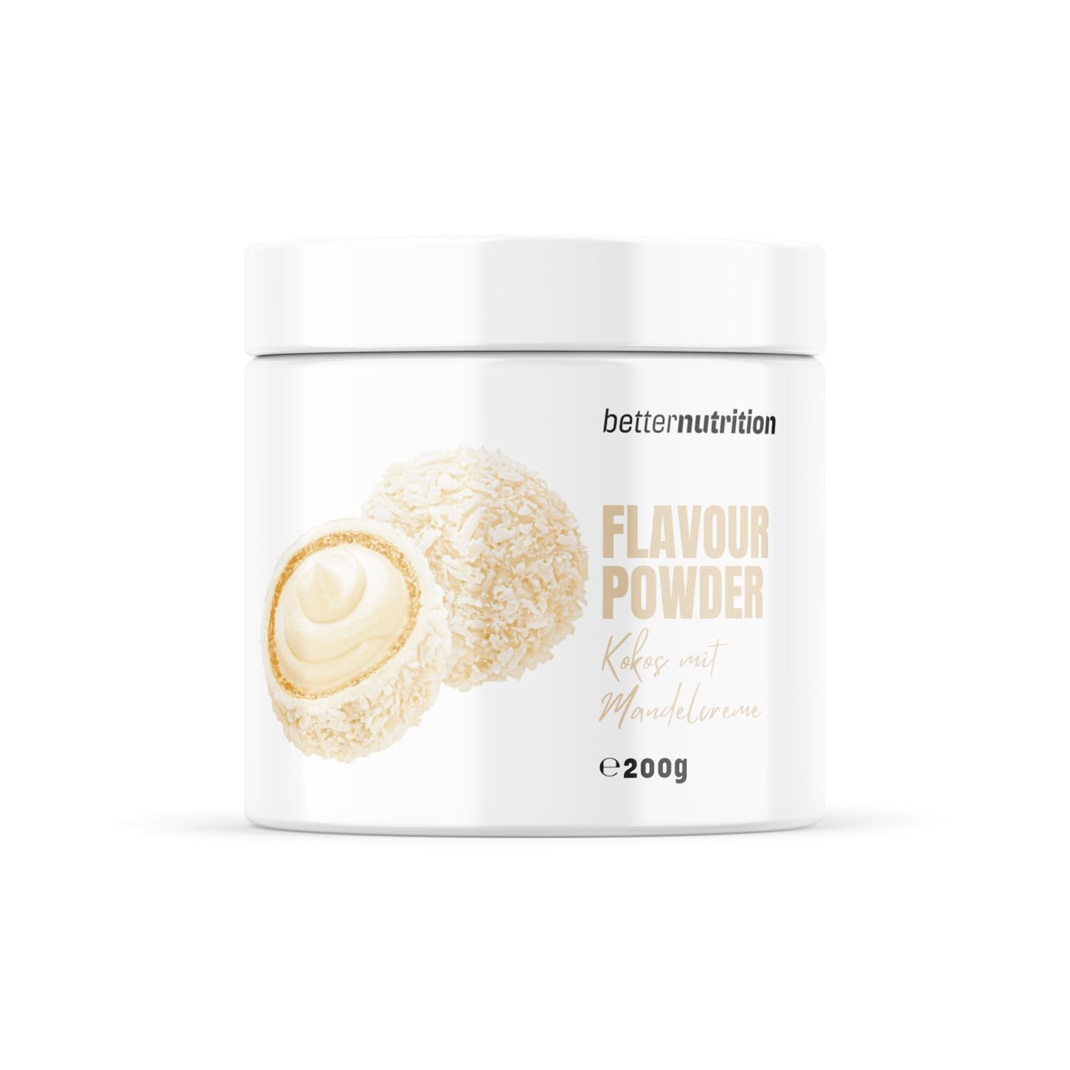 Weißes Produktglas mit Aufdruck und Illustration. Text: better nutrition, Flavour Powder, Kokos mit Mandelsplittern, e200g. Illustration: Kokospraline.