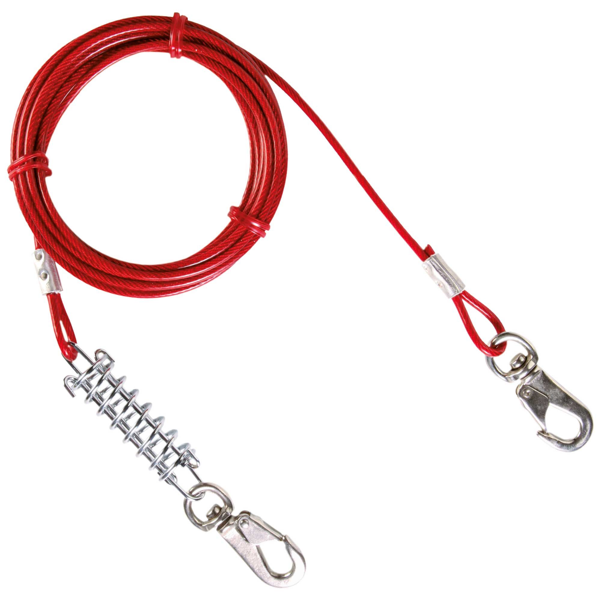 Rote Auslaufleine mit Karabinerhaken und Federung. Metall- und Kunststoffelemente.