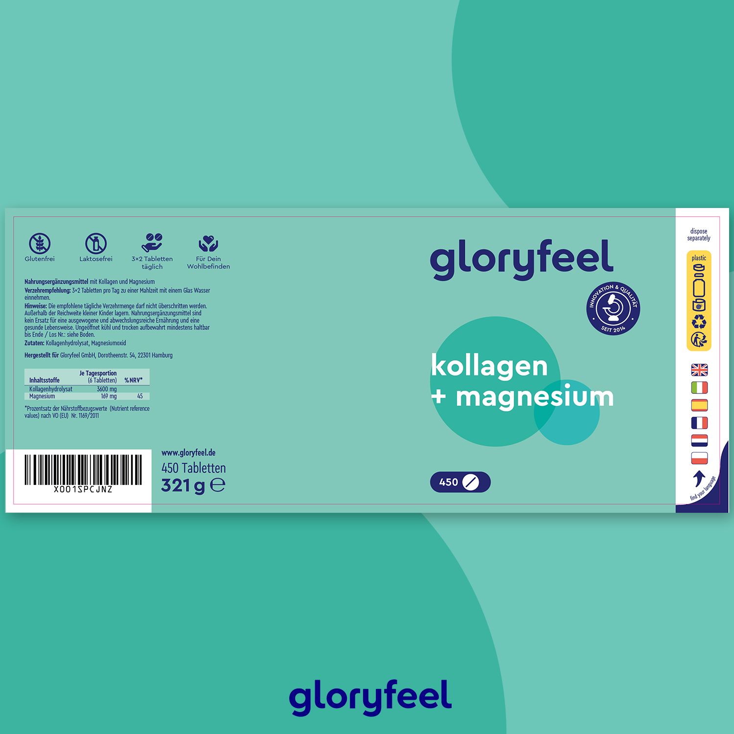 Grüne Produktverpackung mit Aufschrift: gloryfeel, Kollagen + Magnesium. Enthält 450 Tabletten. Informationen zu Inhaltsstoffen und Zertifizierungen.