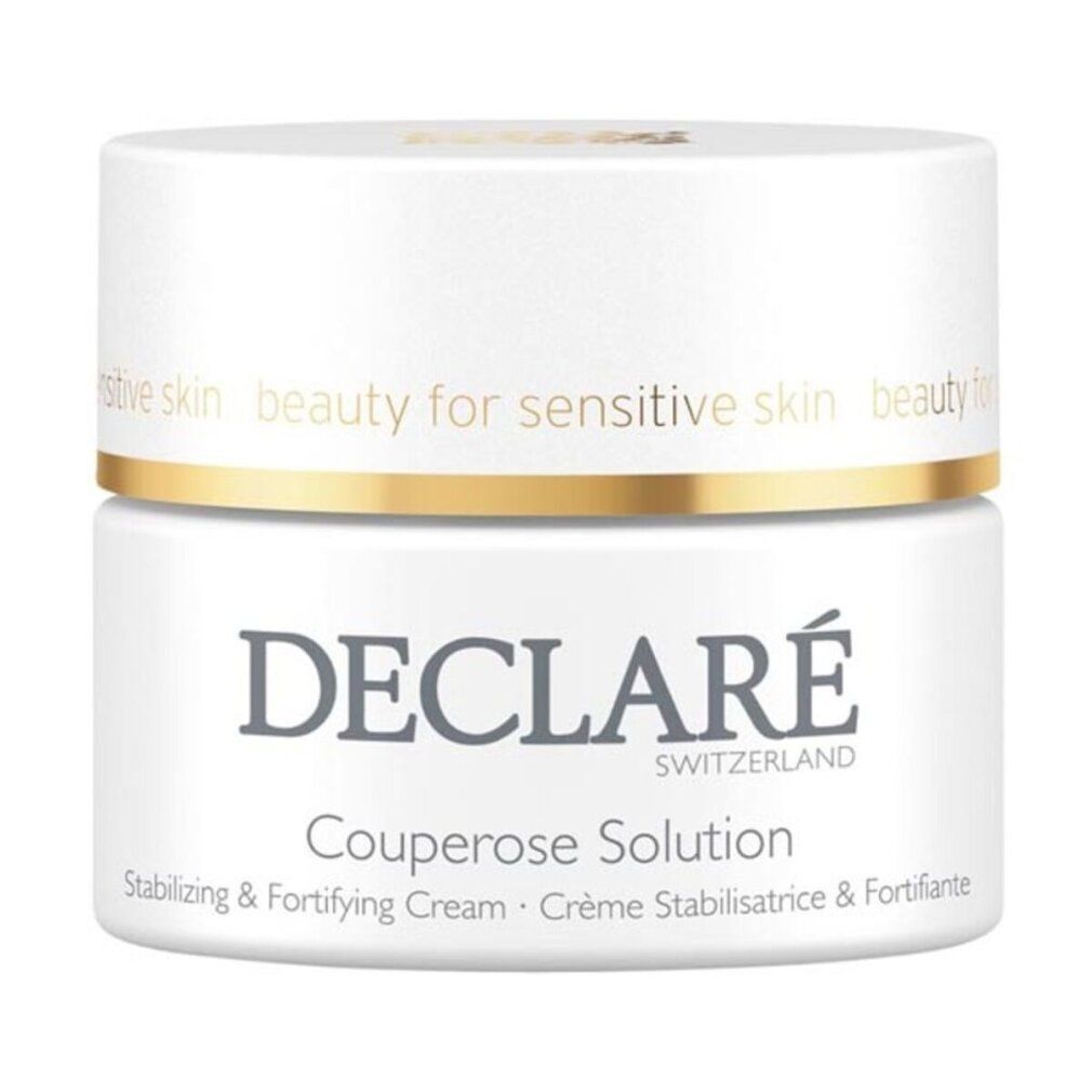 Weißer Tiegel mit goldfarbenem Rand. Aufschrift: DECLARÉ Couperose Solution. Text: Stabilizing & Fortifying Cream.