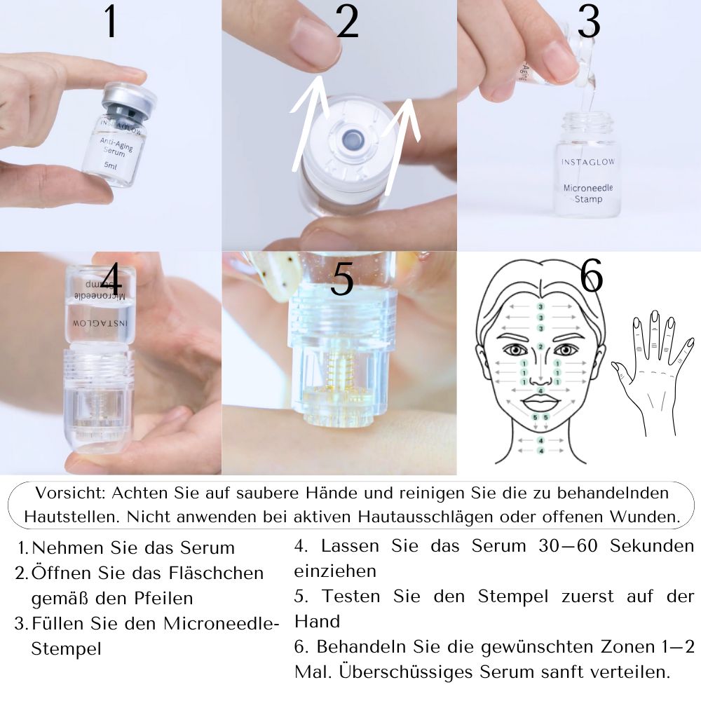 Frau mit Haut. Instaglow Microneedling Anti-Aging Infusion Kit. Produkte und Text: 21% straffere Haut in 3 Wochen.