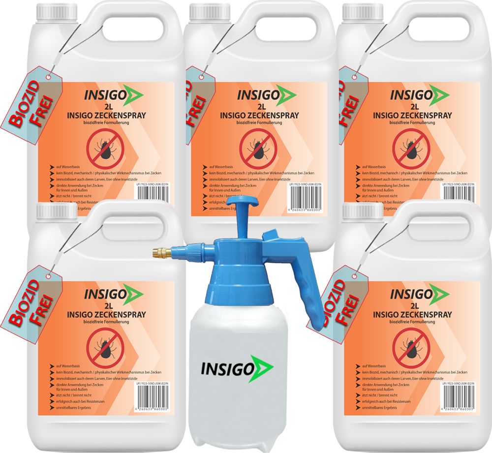 Mehrere weiße Kanister mit Griffen und ein Sprühgerät. Auf den Kanistern ist das Logo von INSIGO und Text zu sehen.