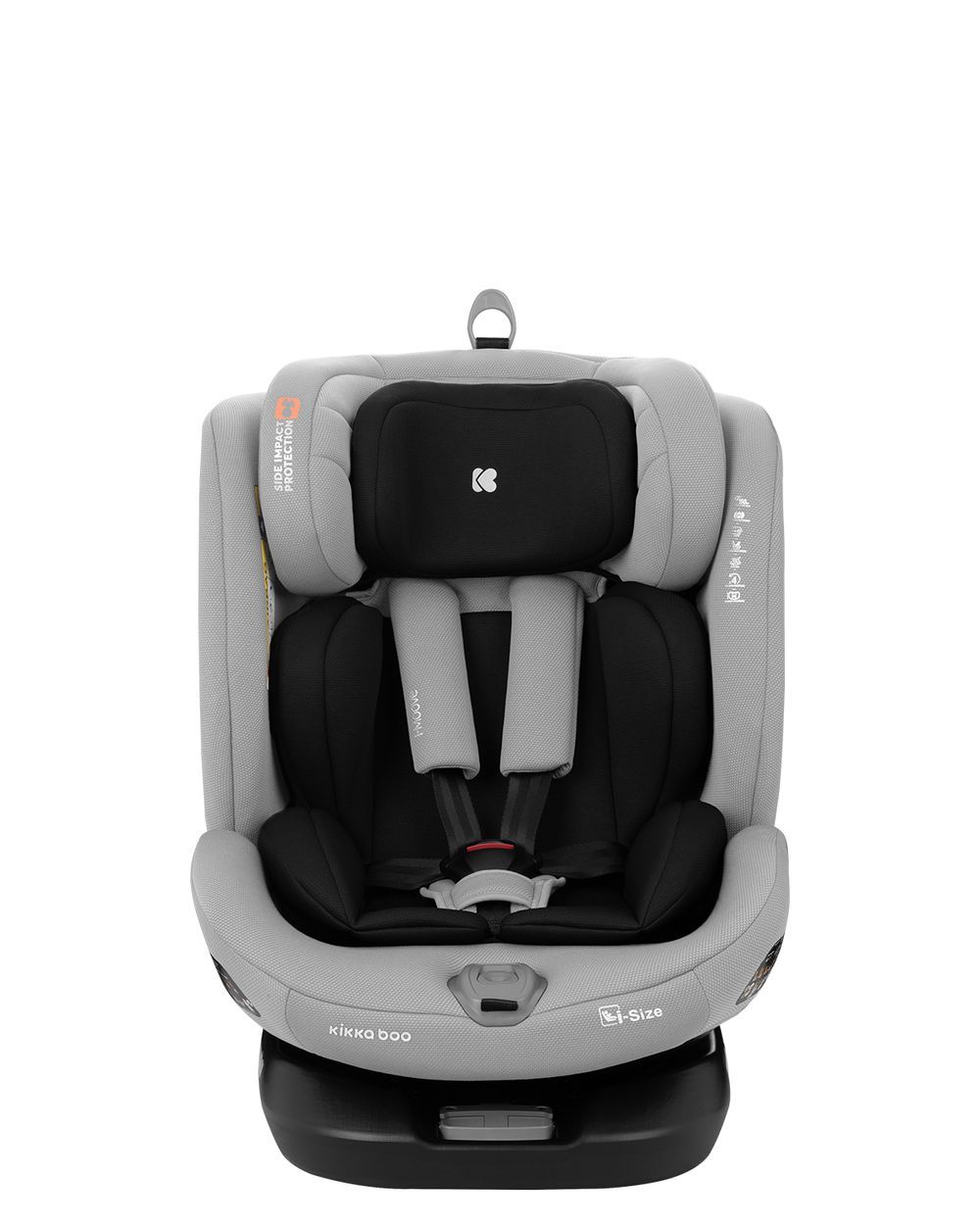 Grauer Kindersitz mit Kopfstütze und 5-Punkt-Gurt, i-Size-Kennzeichnung.