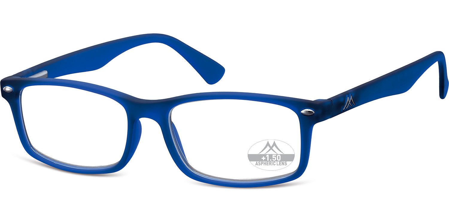 Blaue Brille mit rechteckigen Gläsern. Montana Eyewear Logo auf dem Bügel. +1.50 Dioptrien.