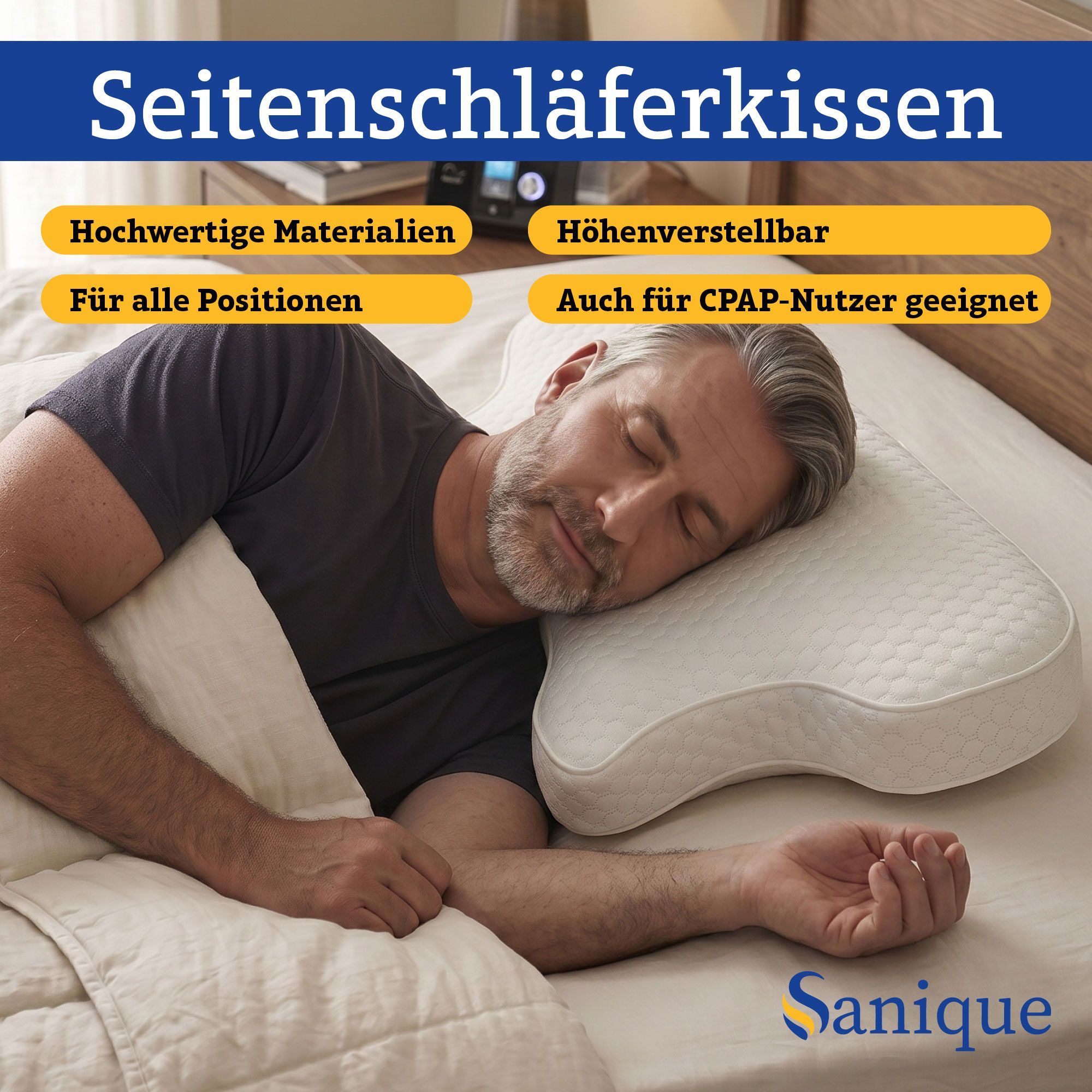 Mann schläft auf einem orthopädischen Seitenkissen.