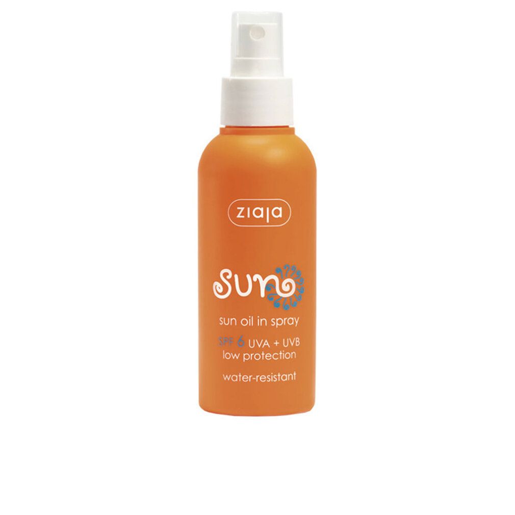 Orangefarbene Sprayflasche mit weißem Sprühkopf. Beschriftung: Ziaja, Sun, Sun oil in spray, SPF 6, UVA + UVB, low protection, water-resistant.