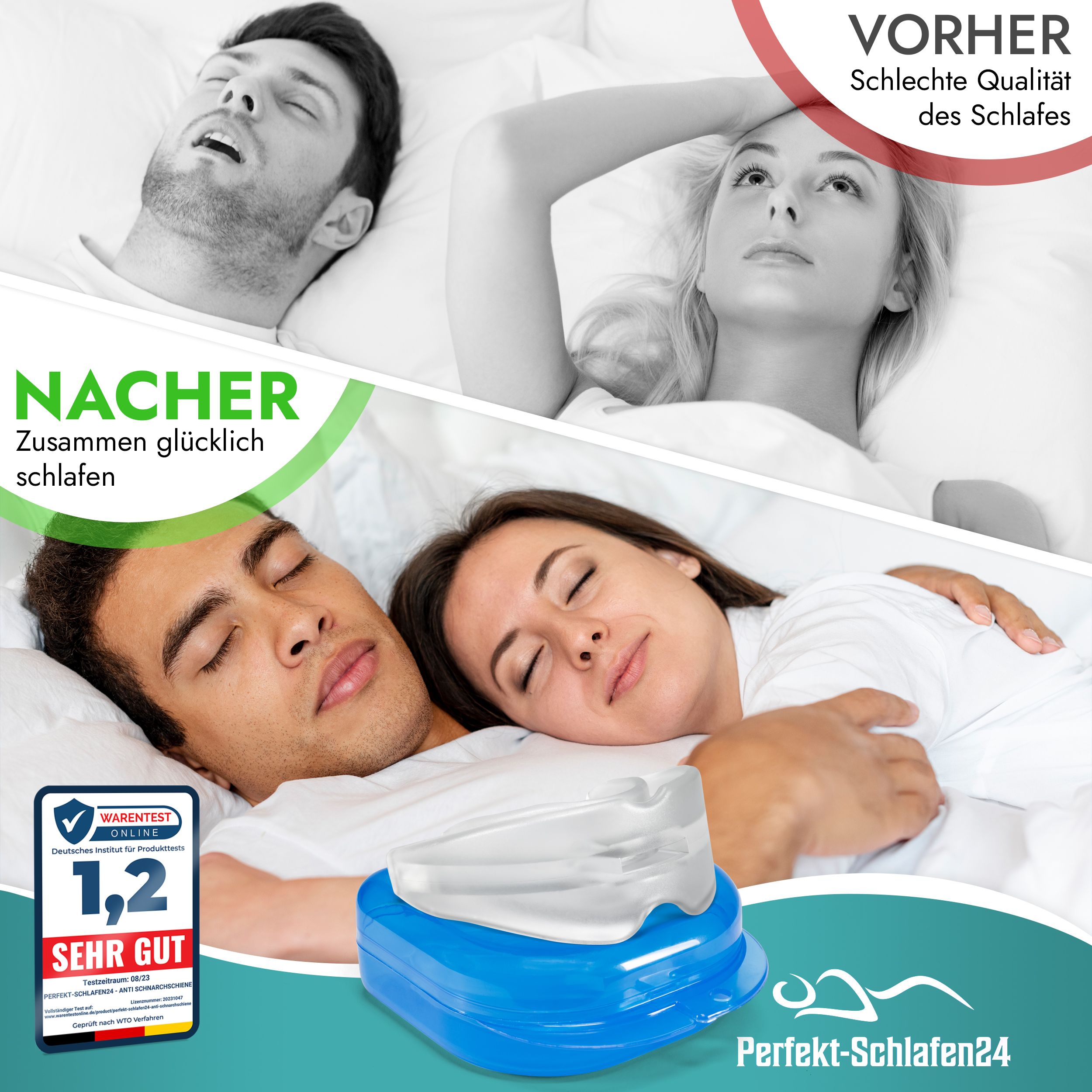 Vorher/Nachher-Vergleich: Schlechte Schlafqualität vs. Zusammen glücklich schlafen. Mundschiene in blauem Behälter. Zertifizierung 1,2 Sehr Gut.