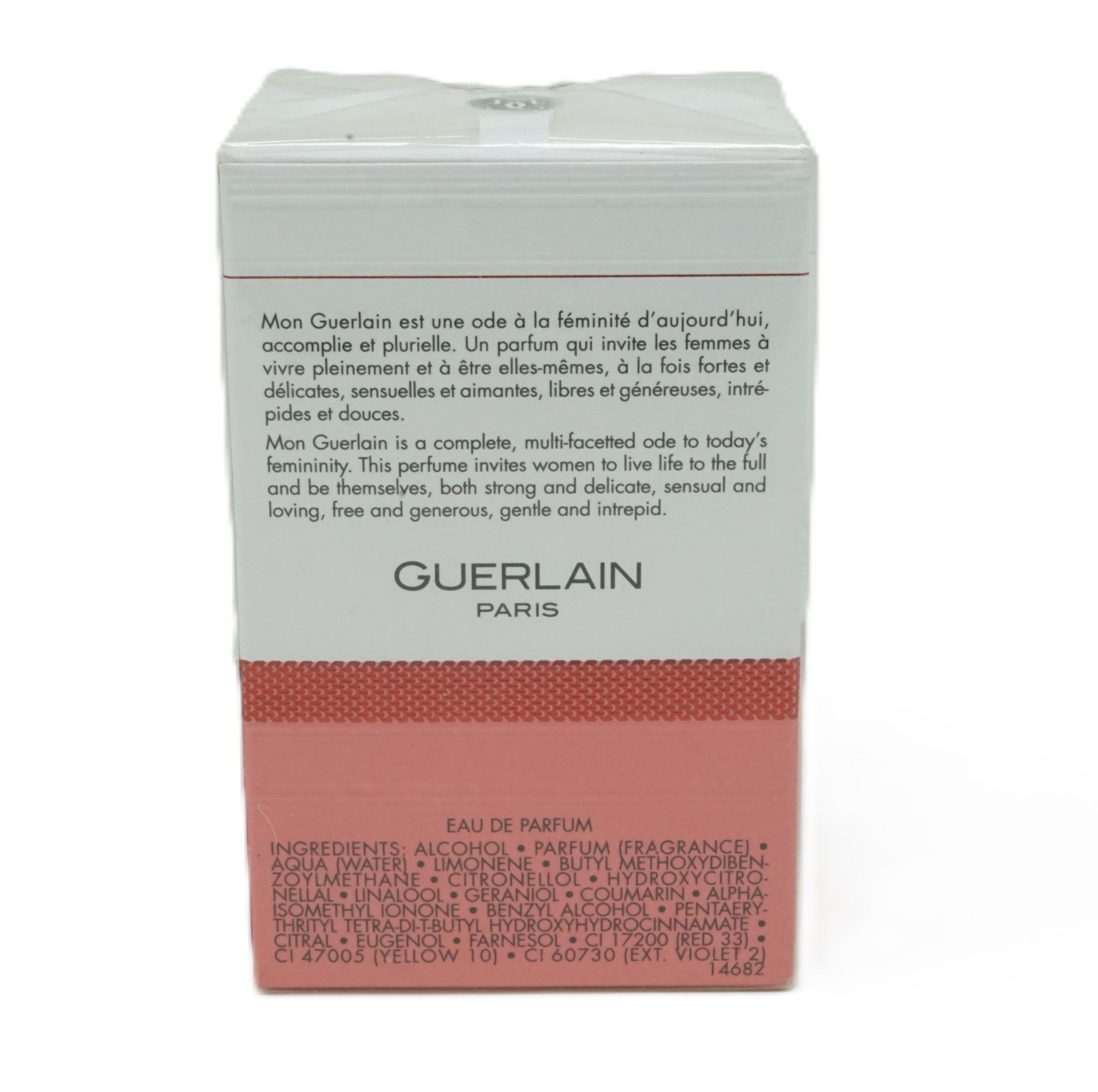 Rückseite der Mon Guerlain Bloom of Rose Verpackung. Text in Englisch und Französisch, Markenlogo Guerlain.