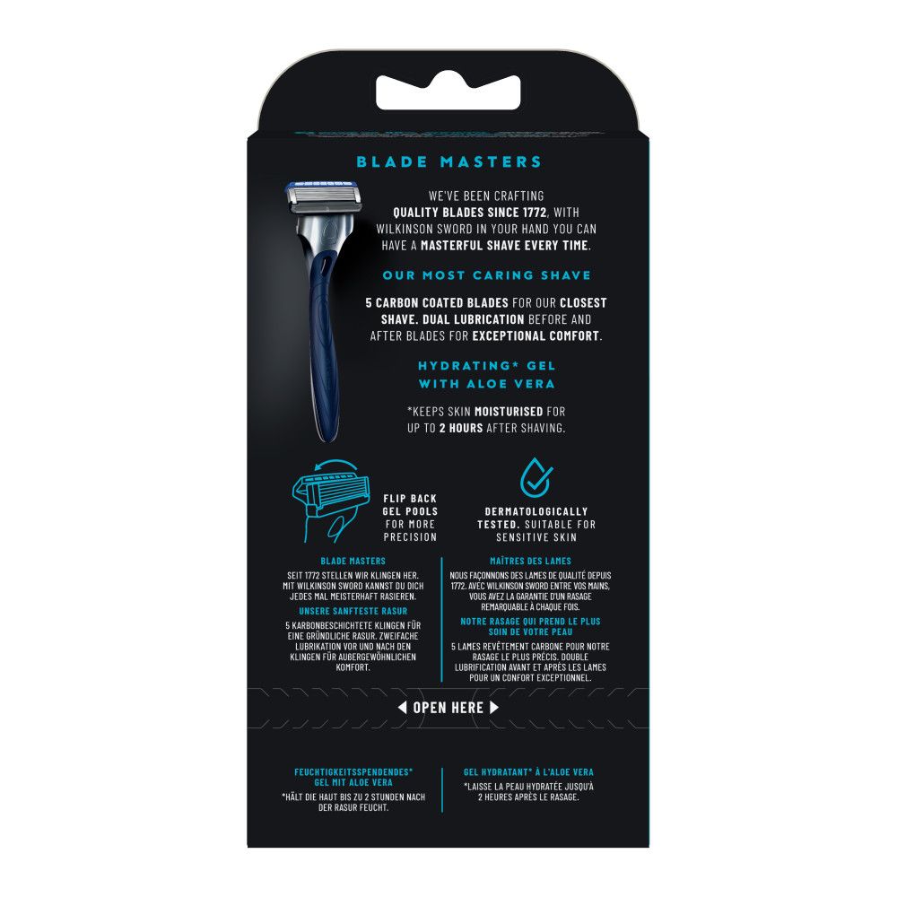Verpackung für Wilkinson Sword Hydro 5 Klingen. Zeigt eine Klinge und die Anzahl '4'.