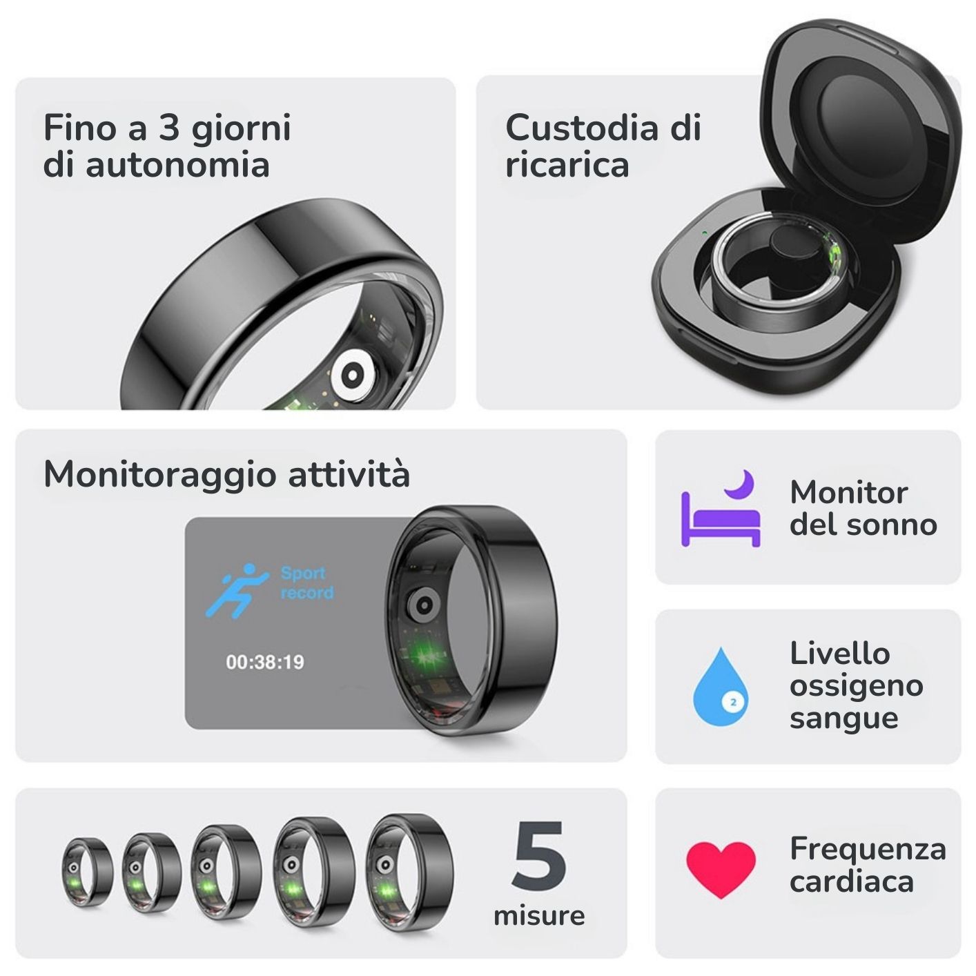 Varie funzioni dell'anello smart KSIX Saturn. Mostra l'anello, la custodia di ricarica e icone per il monitoraggio dell'attività, del sonno, dell'ossigeno nel sangue, della frequenza cardiaca e della durata della batteria.