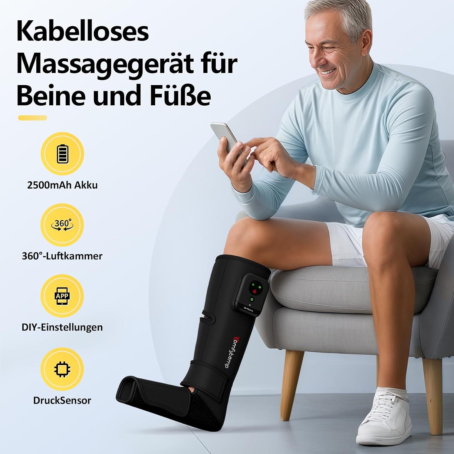 Kabelloses Bein- und Fußmassagegerät mit 2500 mAh Akku, 360° Luftkammern, App-Steuerung und Drucksensor.