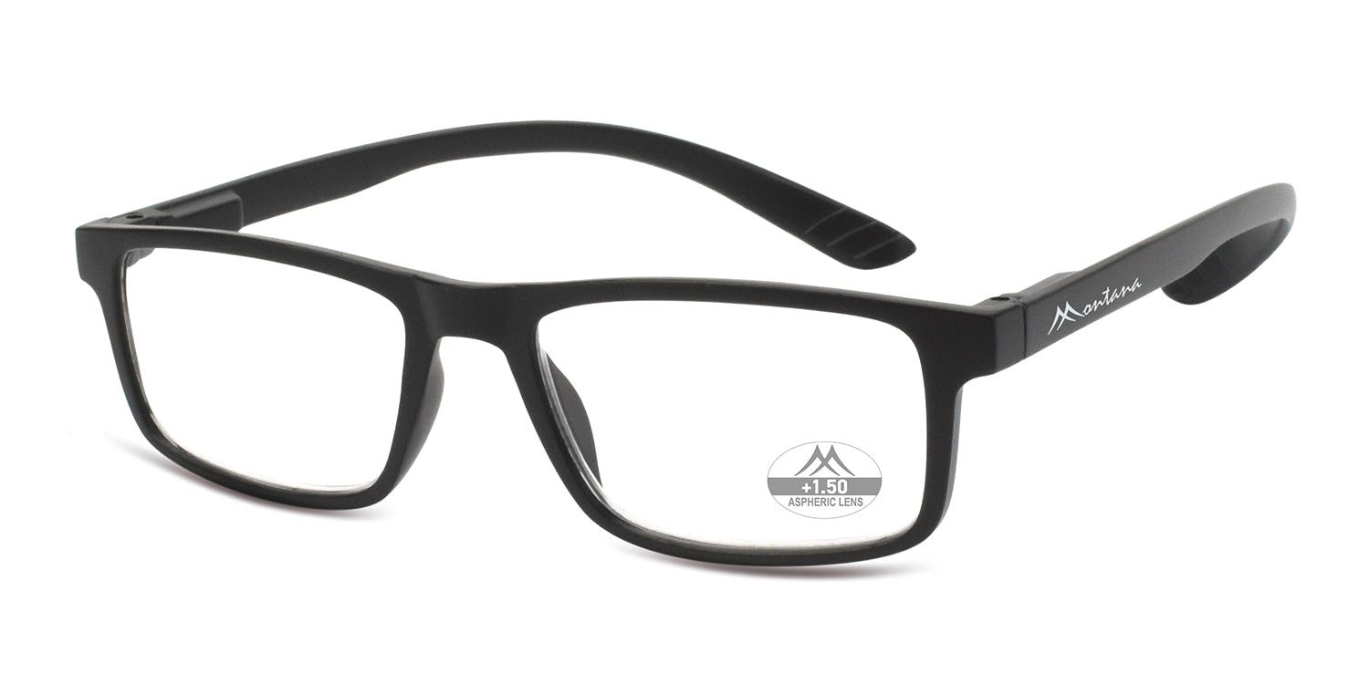 Schwarze Brille, seitliche Ansicht. Auf dem Bügel steht "Montana". Auf dem Glas steht "+1.50 ASPHERIC LENS".