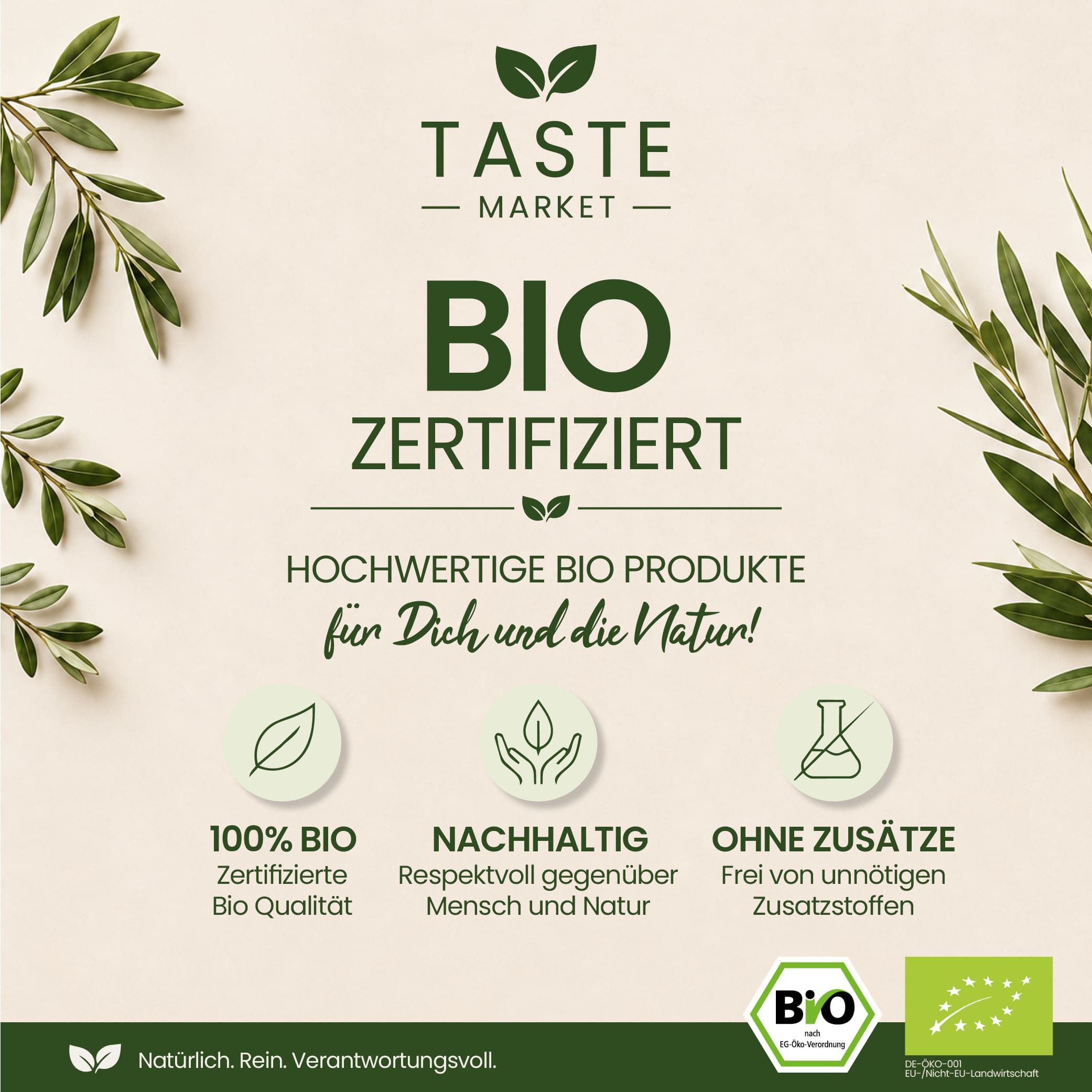Taste Market Bio-zertifiziertes Produkt mit Siegeln für Bio-Qualität, Nachhaltigkeit und ohne Zusätze.