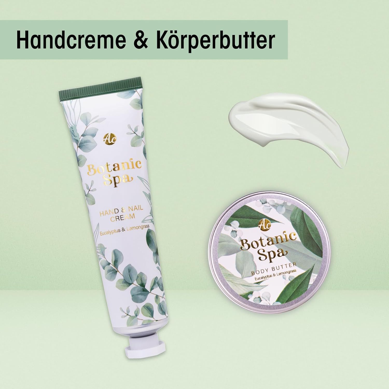 Handcreme und Körperbutter. Logo Botanic Spa. Daneben ein Klecks Creme.