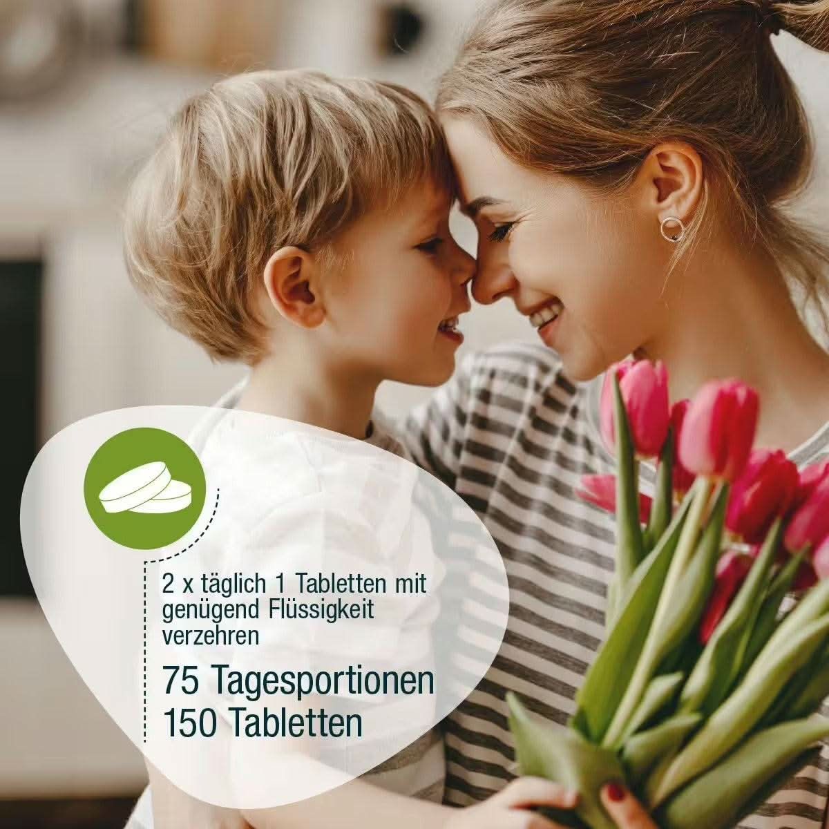 Mutter und Kind lächeln sich an. Text: 2 x täglich 1 Tablette mit genügend Flüssigkeit. 75 Tagesportionen, 150 Tabletten. Tulpen.